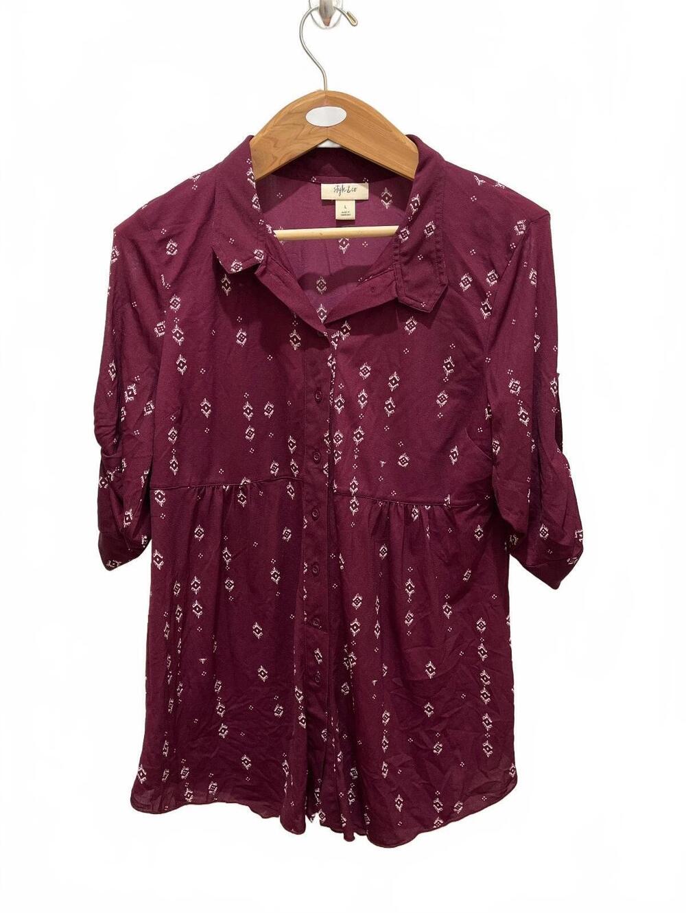 Style & Co Burgundy Button-Up Tunic Shirt, Size Large